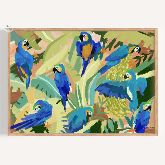 Digital painting of vibrant blue macaws perched on tropical foliage in a lush setting