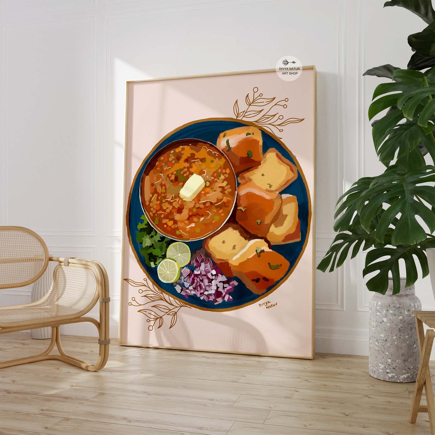 Indian food art print featuring Pav Bhaji for kitchen or dining room decor.