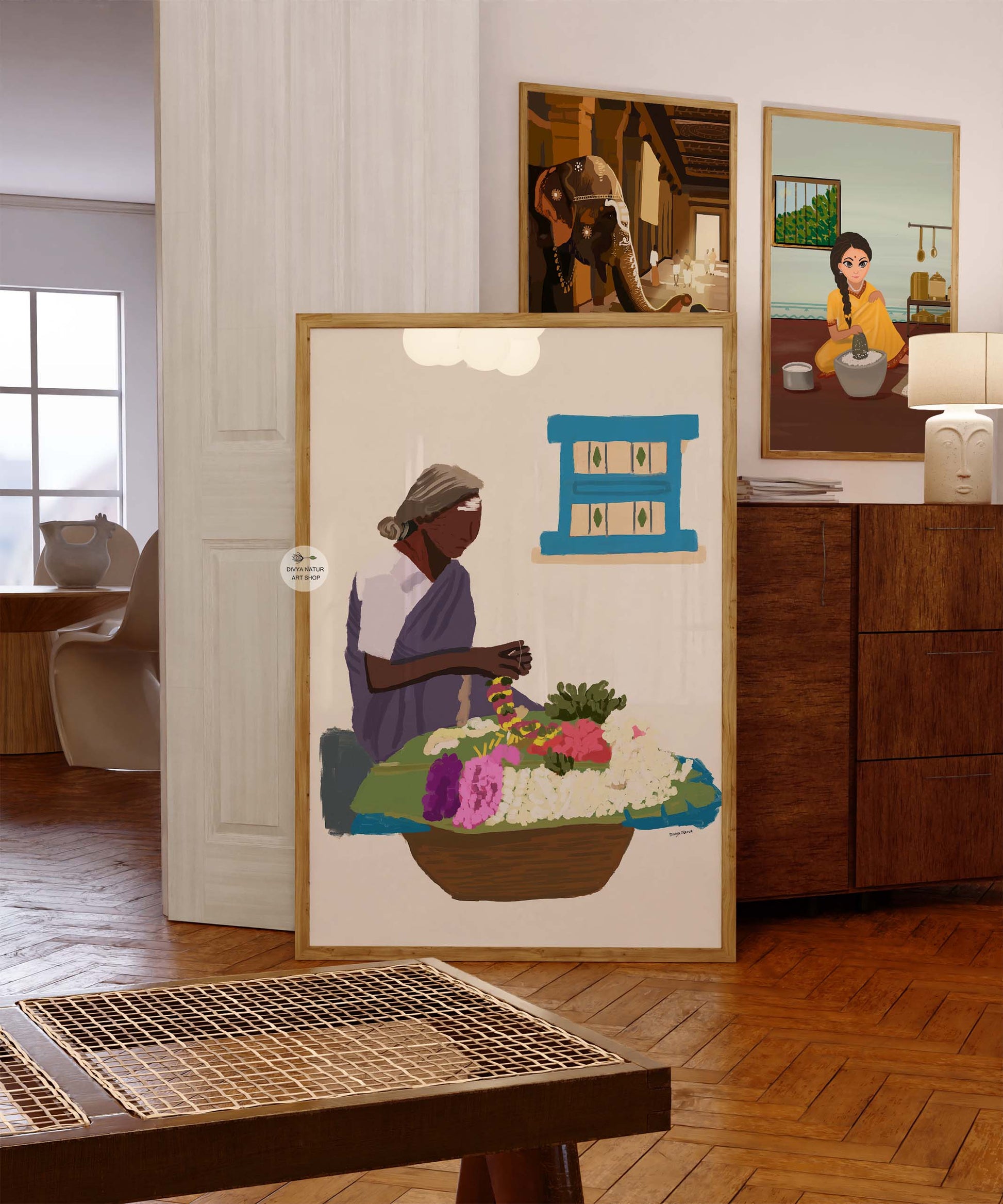 Painting of grand ma making flower garland