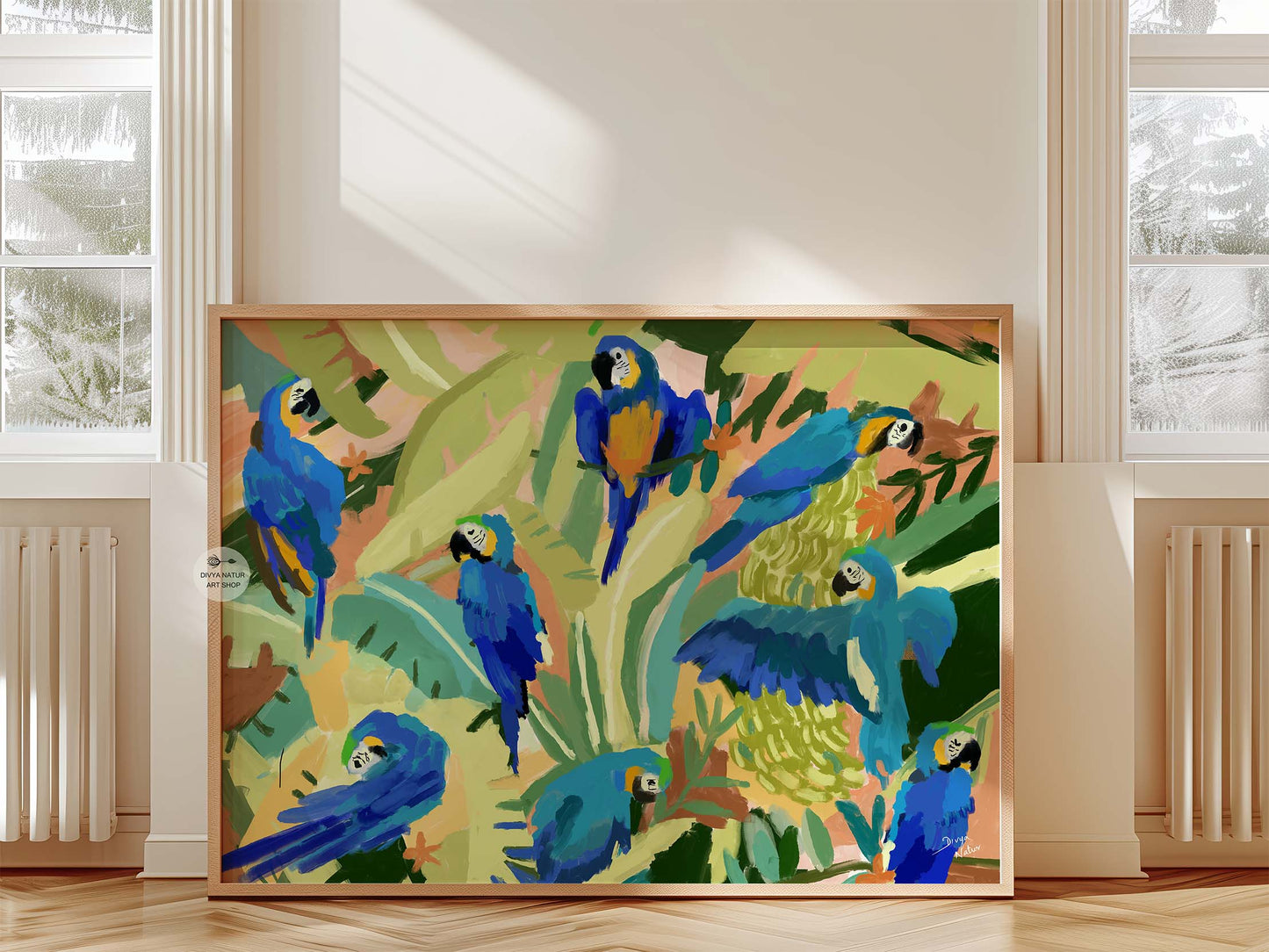 Flock of blue macaws in lush tropical foliage perfect for nature-inspired decor