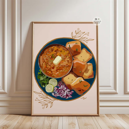 Modern kitchen wall art of classic Indian street food—Pav Bhaji with toppings.