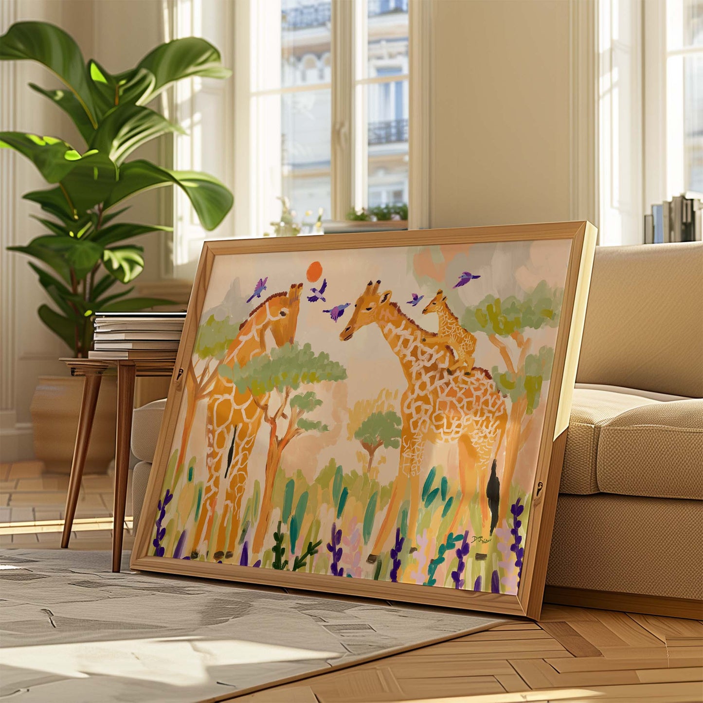 Loving Giraffe Family- Vibrant Giraffe Wildlife Art