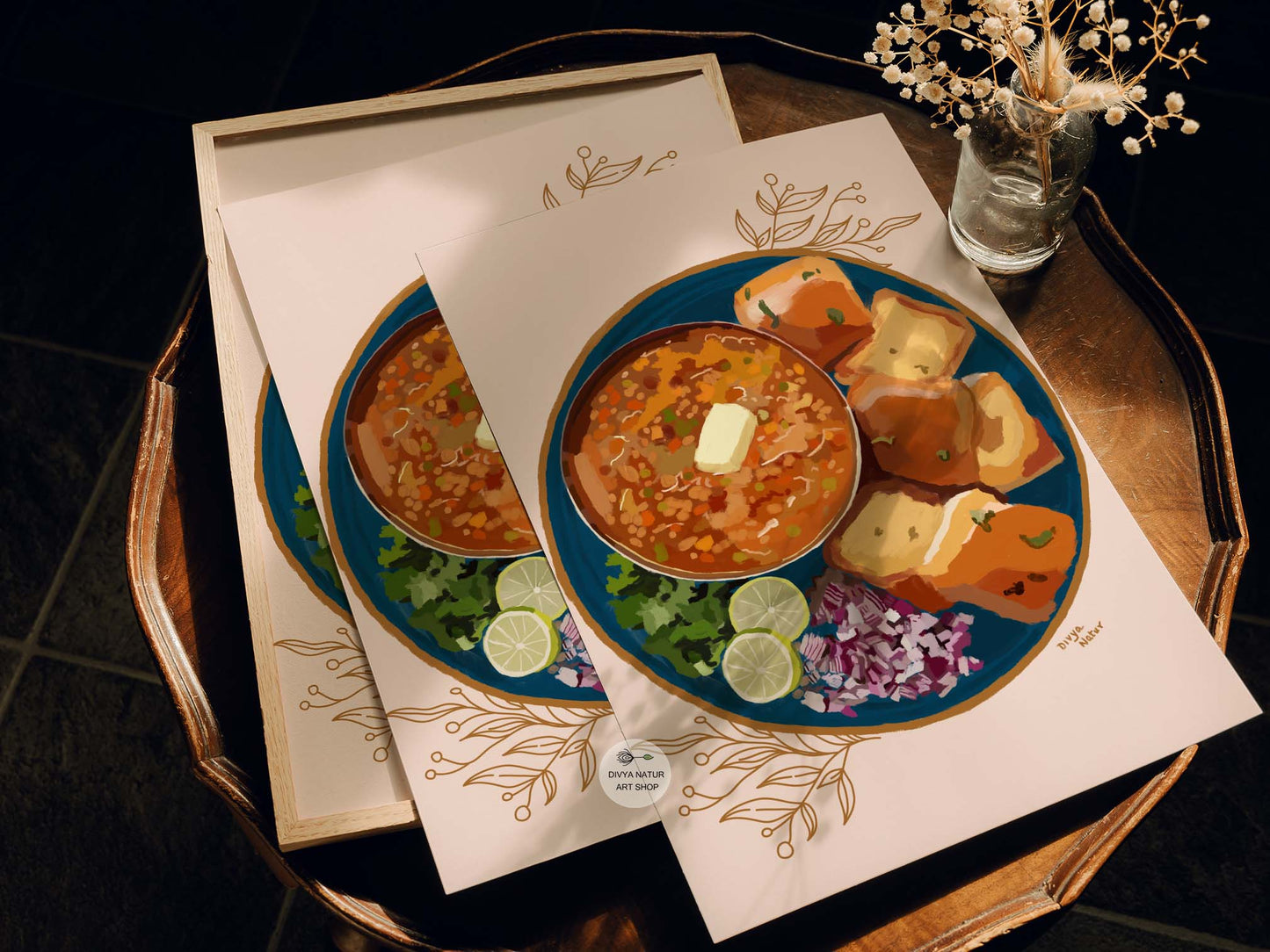 Illustrated food art print of a plate of Pav Bhaji with traditional accompaniments.