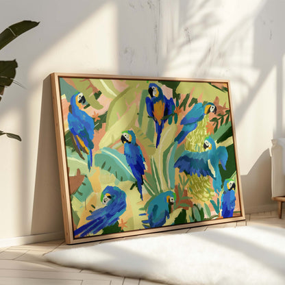 Wall art of blue macaws among tropical leaves for bohemian or tropical interiors