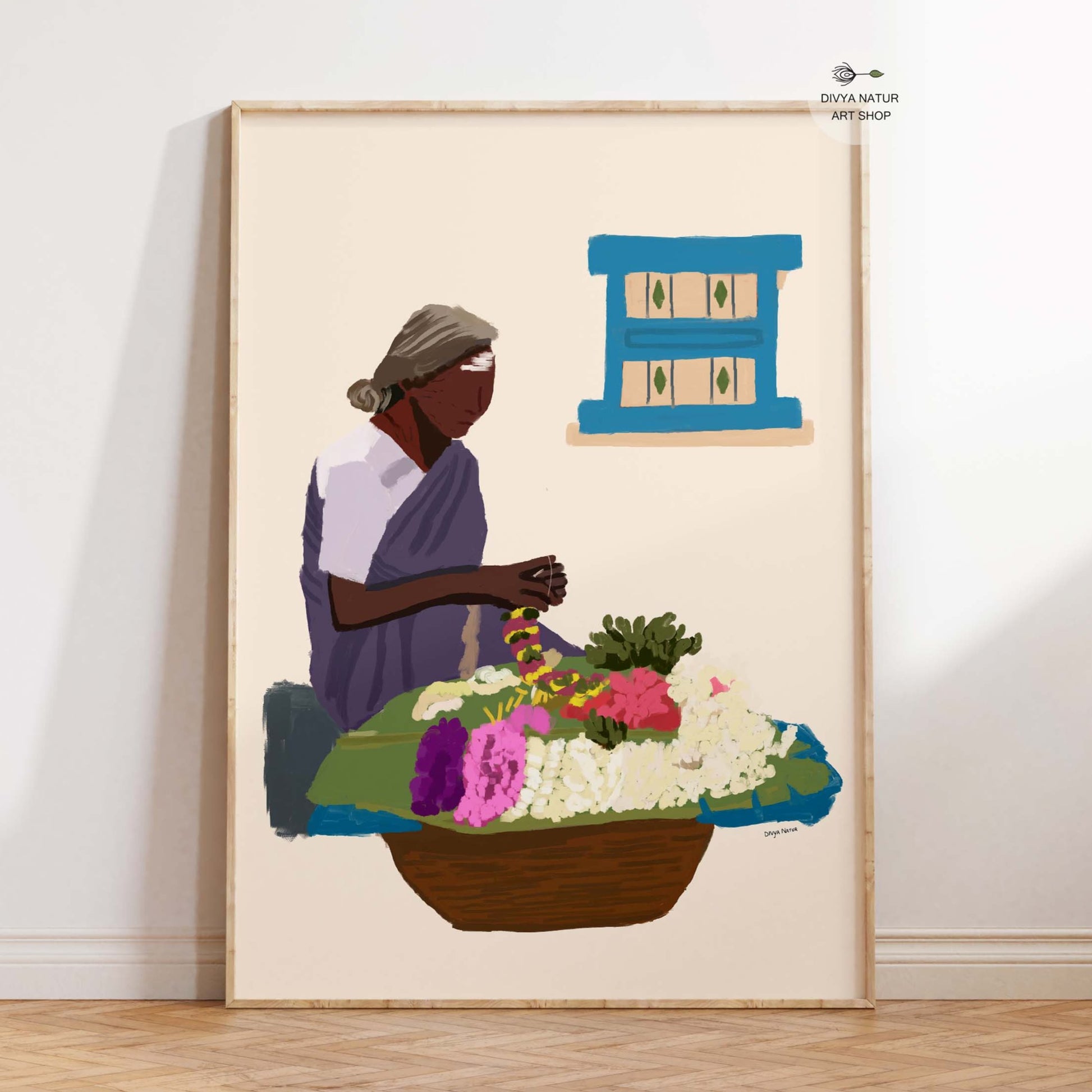 Digital painting of a South Indian flower seller with vibrant floral offerings in a rustic setting