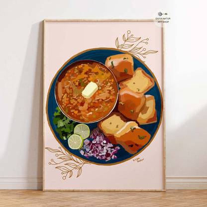 Hand-painted illustration of Pav Bhaji Indian street food with buttered buns and garnishes.