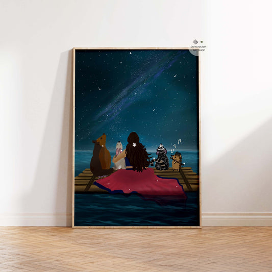 Whimsical digital painting of a woman on a raft under the Milky Way with animal friends.