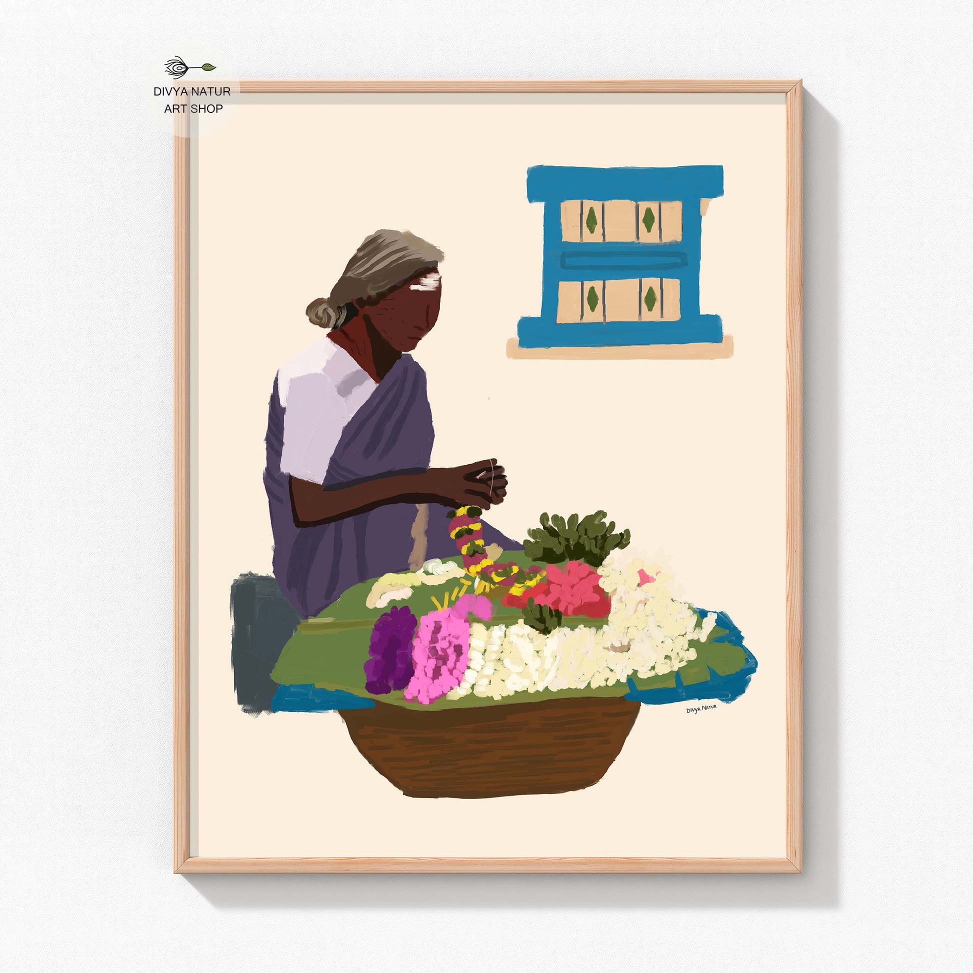 Charming painting of a flower seller crafting garlands, ideal for cultural home decor