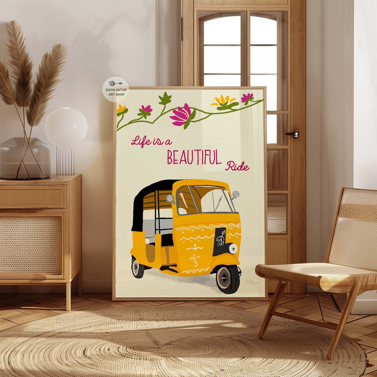 Vibrant yellow rickshaw wall art with floral elements