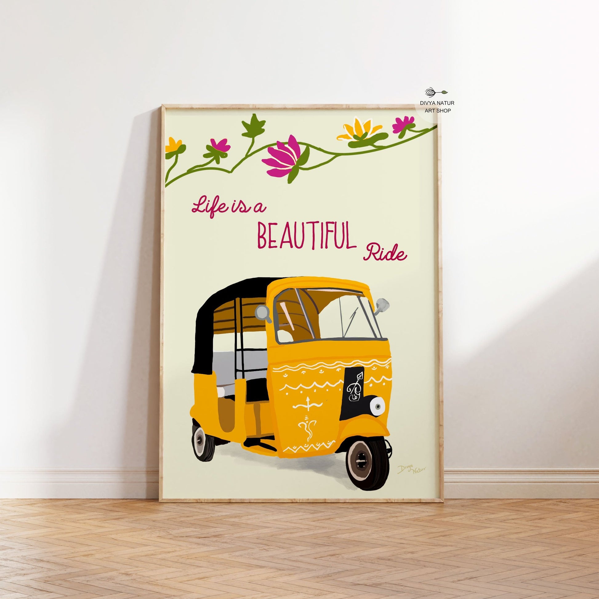 Indian tuk-tuk art print for home decor with bright colors