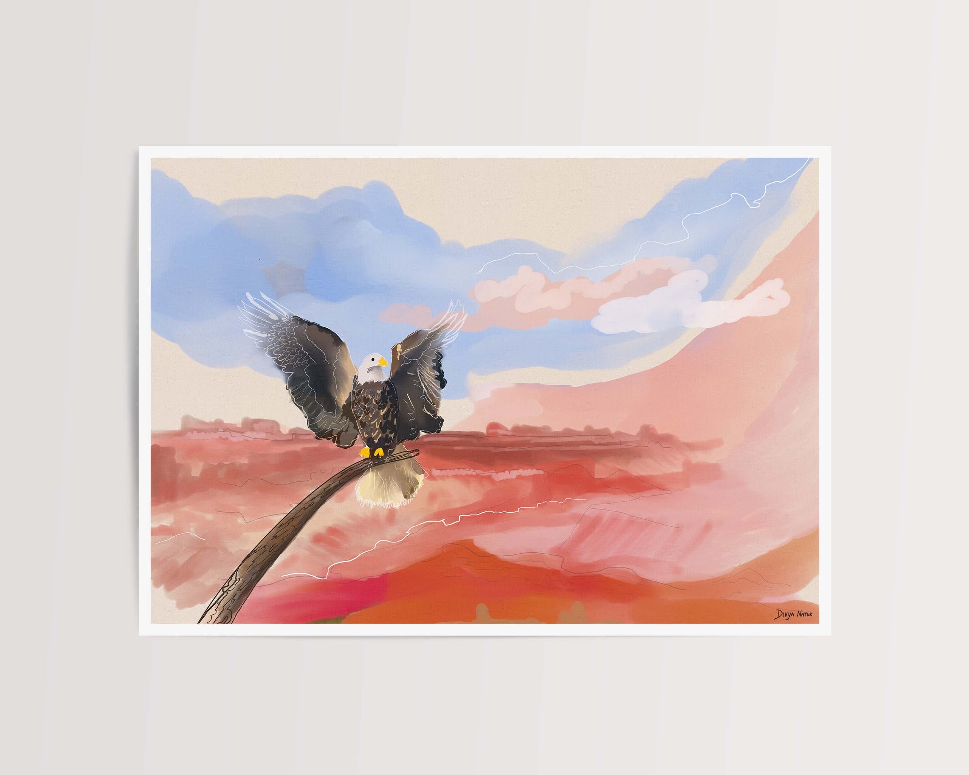 Powerful digital painting of an eagle perched high above the grand canyons.