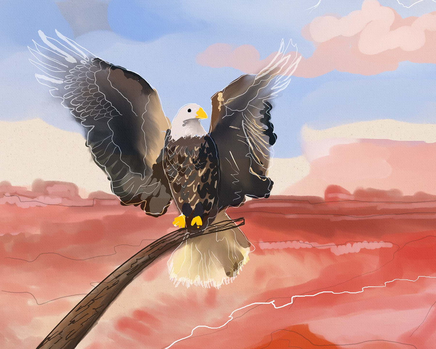 Majestic bald eagle flying over sweeping cliffs, embodying resilience.