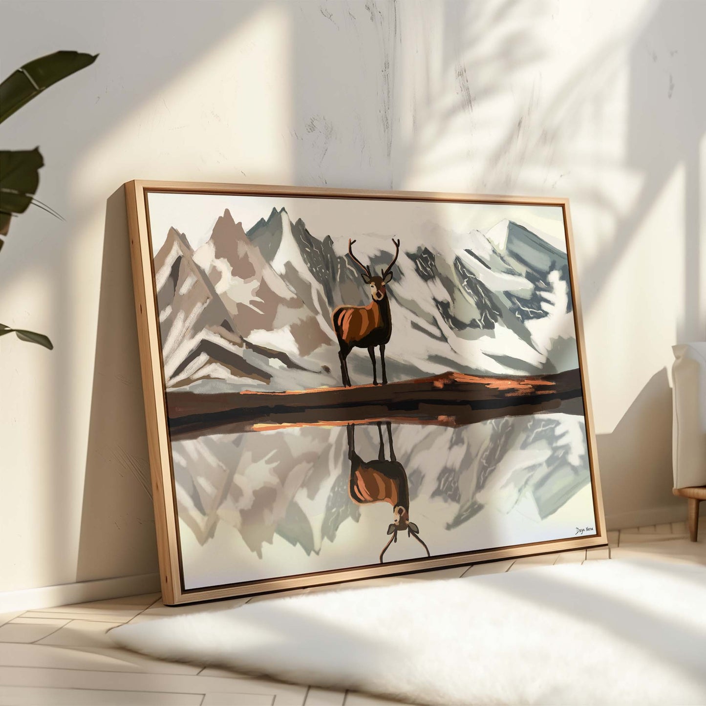 Handcrafted digital art of an elk in front of snowy peaks, mirrored on the lake.