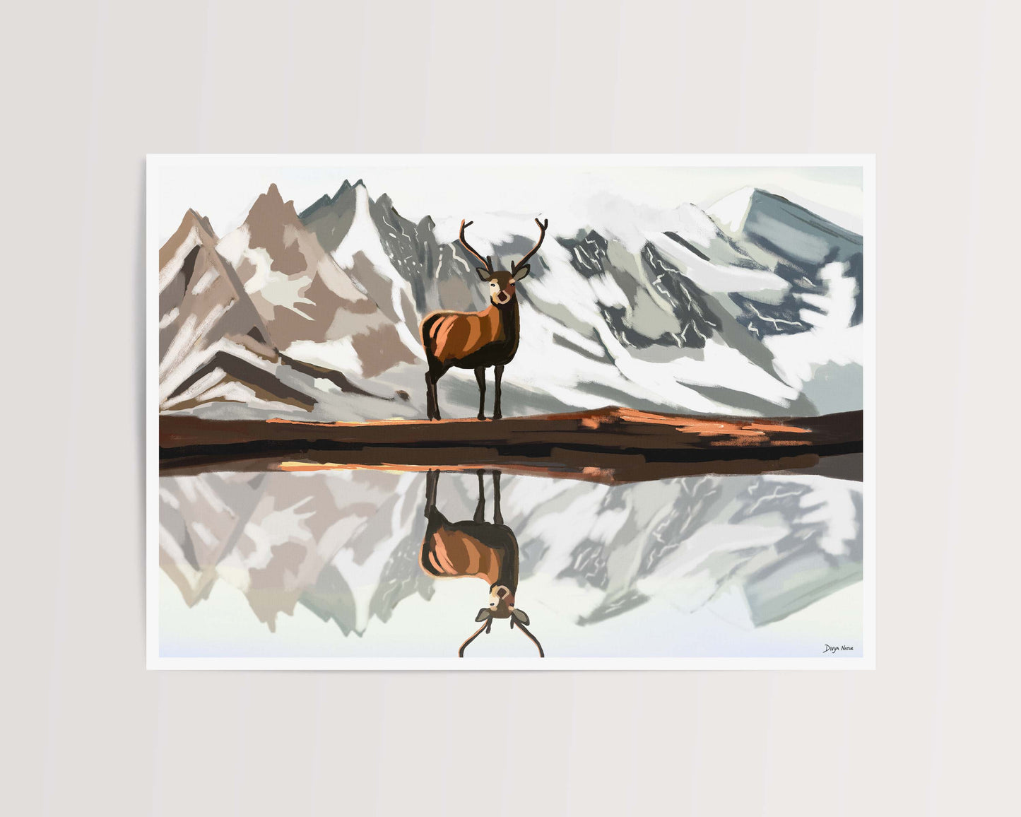 Snow-filled mountain landscape with a solitary elk reflecting in the water.