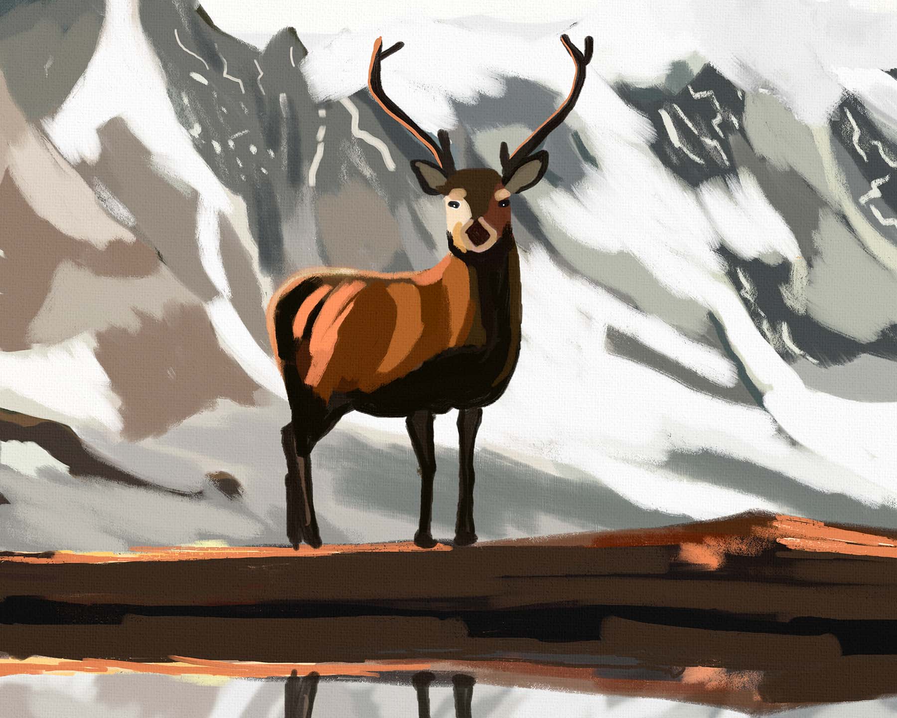 Digital painting of an elk and majestic mountains mirrored on a tranquil lake.