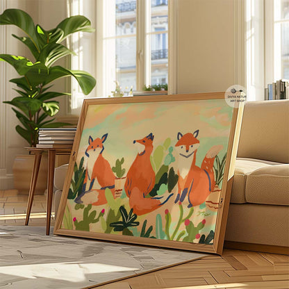 Whimsical fox painting featuring a trio of foxes in a colorful cactus landscape, perfect for a nursery or living space