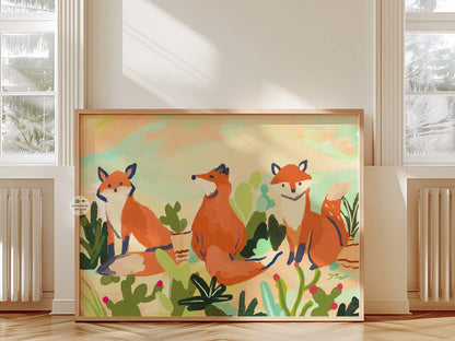 Art print of foxes in a desert setting, surrounded by greenery and vibrant colors, great for a child room or office