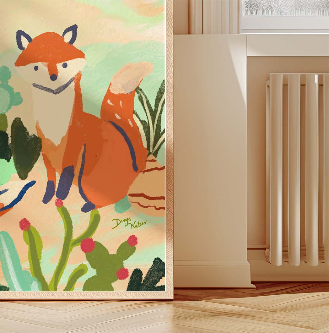 Nature-inspired fox painting with three foxes and a variety of cactus plants, suitable for nursery decor