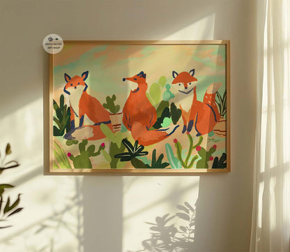 Colorful fox artwork in a desert landscape, perfect for nature lovers and nursery walls