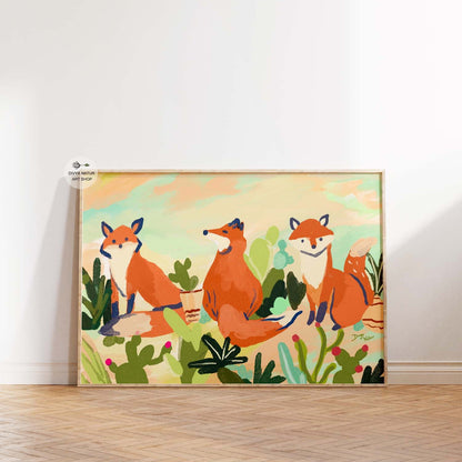 Fox trio in a cactus-filled landscape, adding a touch of nature to any room, from nursery to office