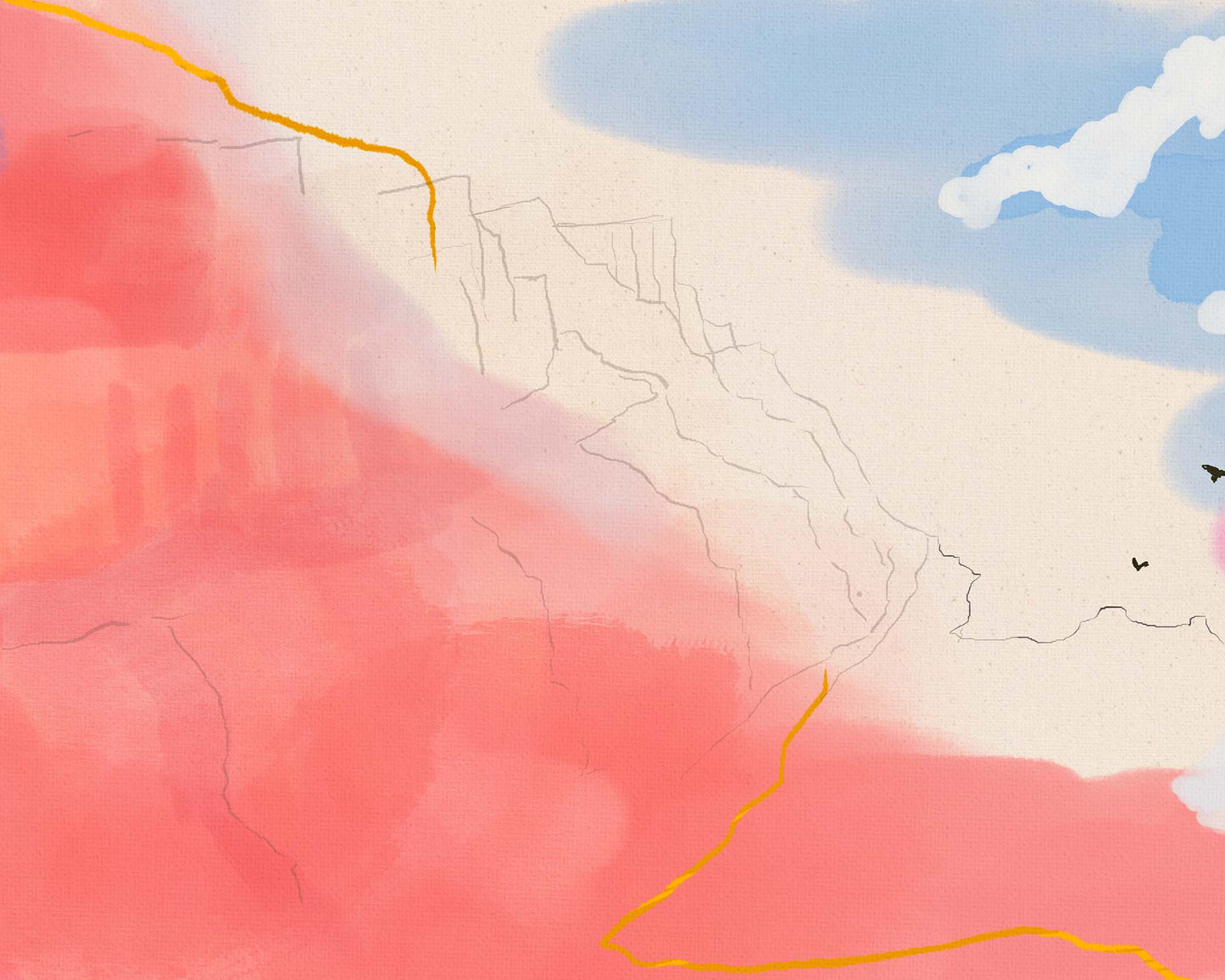 Abstract landscape featuring a tiny hiker exploring a canyon.