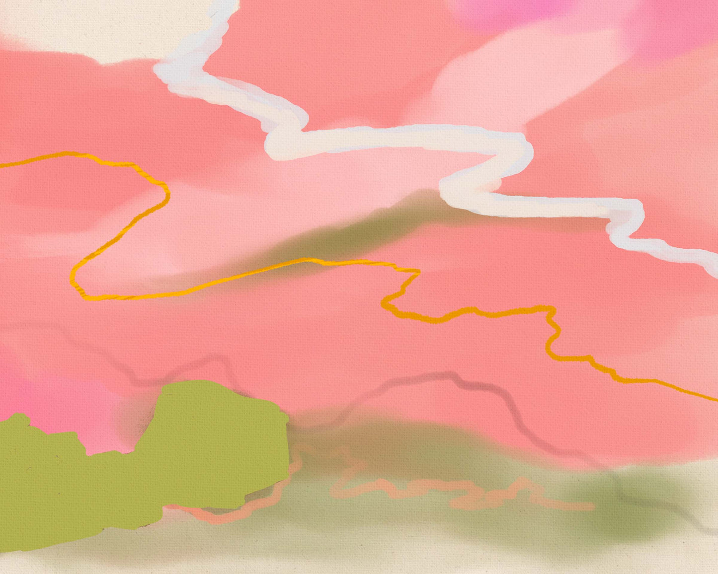 Handmade digital art of a canyon with clouds and birds in the sky.