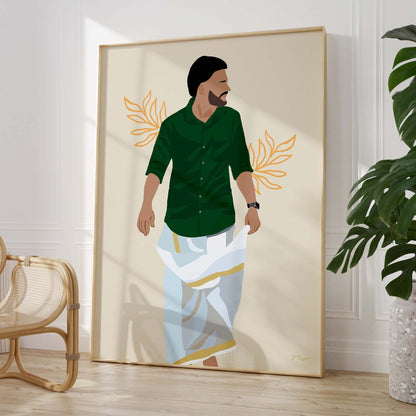 Portrait of a man in a South Indian dhoti with customizable shirt colors.