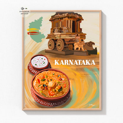 Digital painting featuring Karnataka iconic chariot from Hampi and South Indian delicacies.