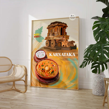 Vibrant artwork of Karnataka’s heritage, showcasing a stone chariot with local food dishes.