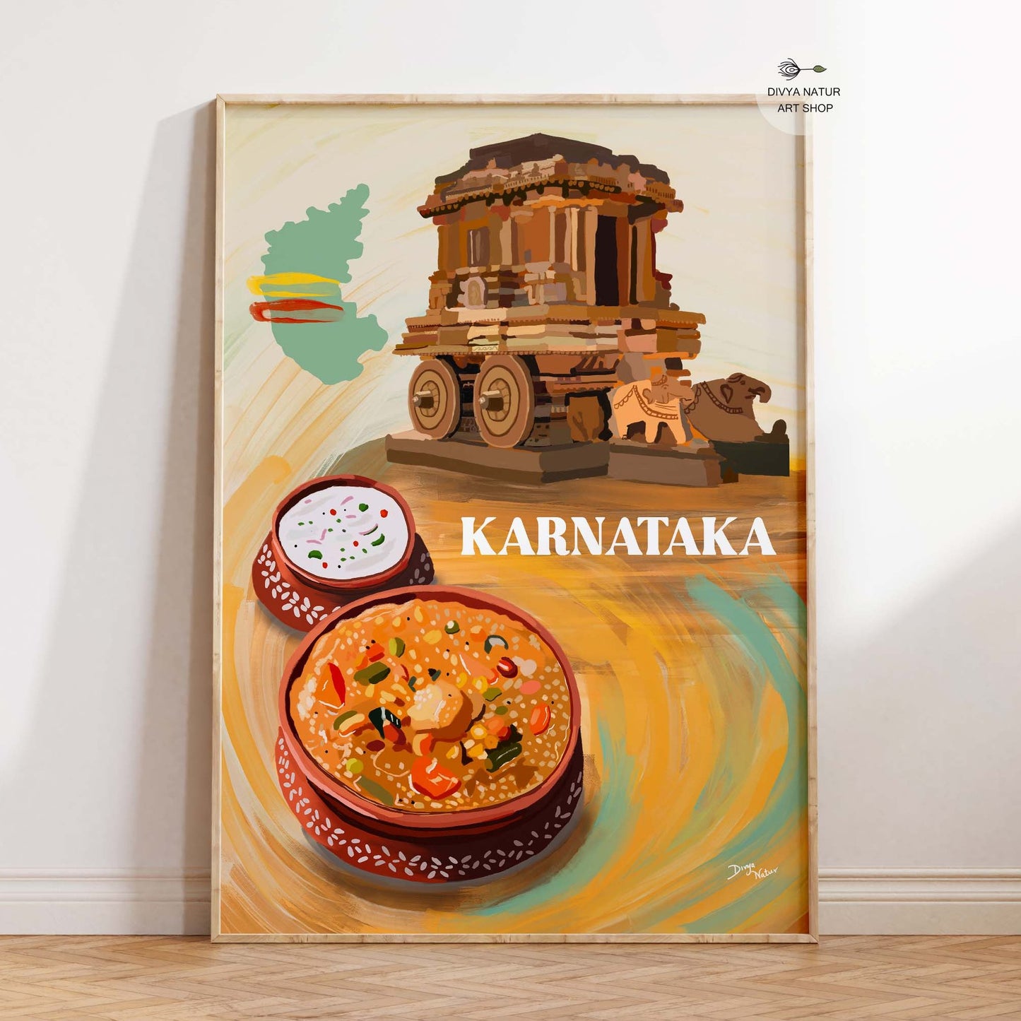 Illustration of Karnataka’s famous stone chariot and traditional food served in earthen bowls.