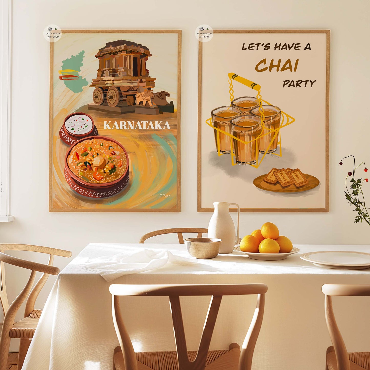 Hand-painted image of Karnataka with detailed depictions of food and cultural landmarks.