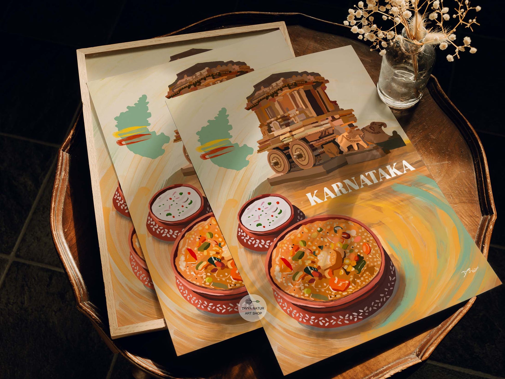 Karnataka-themed illustration highlighting the state’s heritage with a chariot and local dishes.