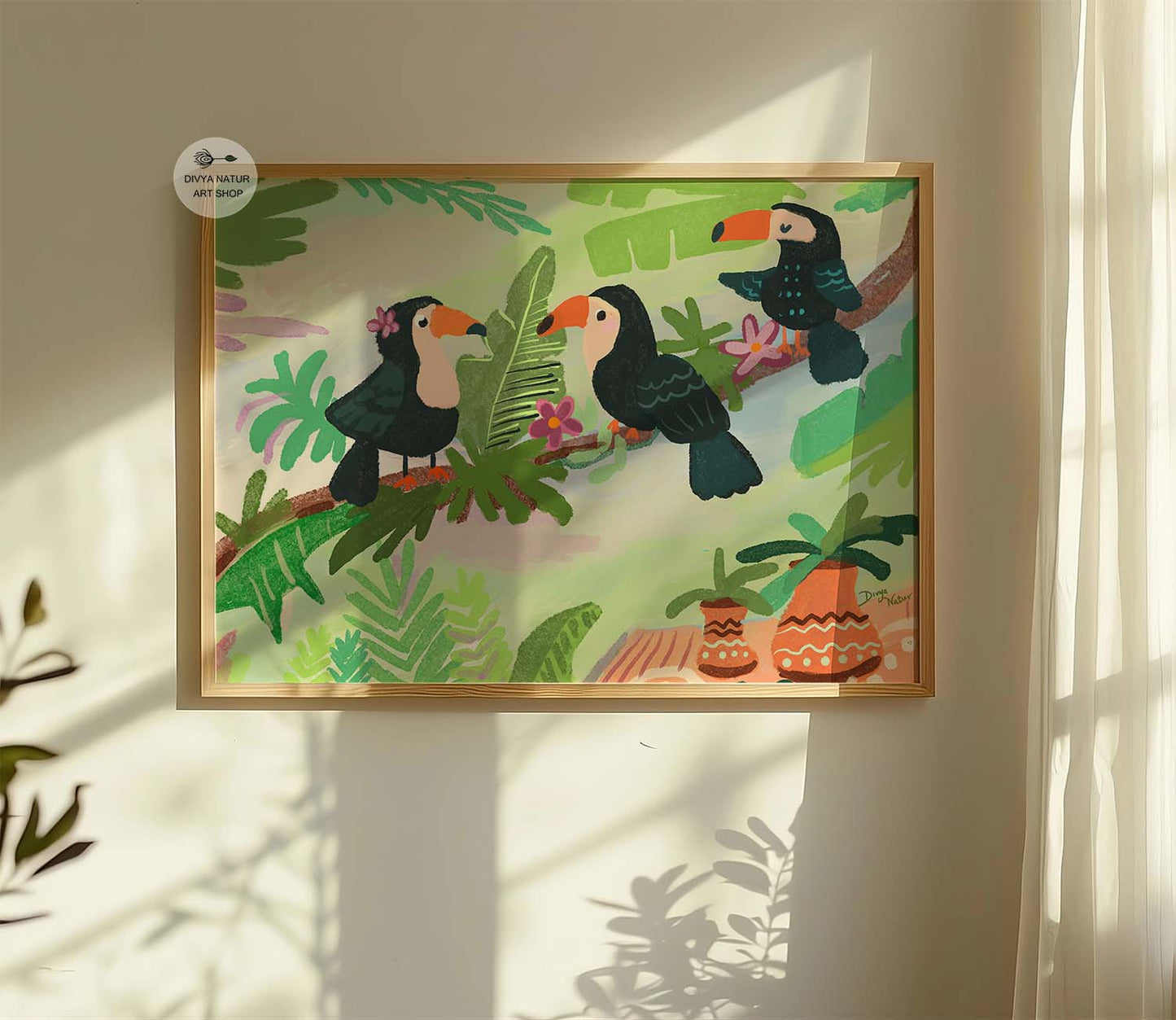 Exotic toucan painting in a vivid jungle, ideal for brightening up any space