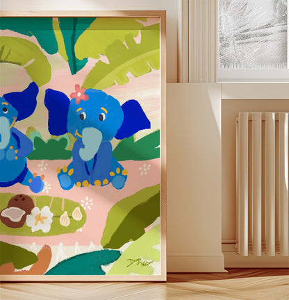 Three blue elephants playing in a lush green jungle, fun nursery art