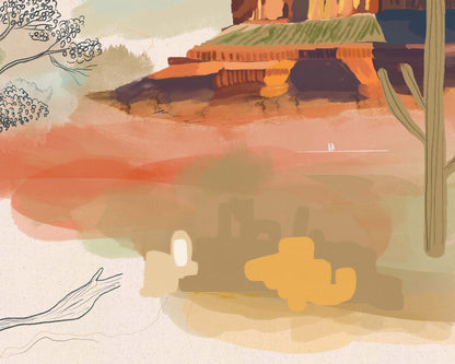 Bold desert elements like cacti and abstract shapes in a peaceful desert scene.