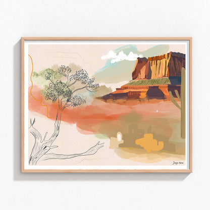 Abstract painting of Monument Valley's canyon with a tree in the desert.