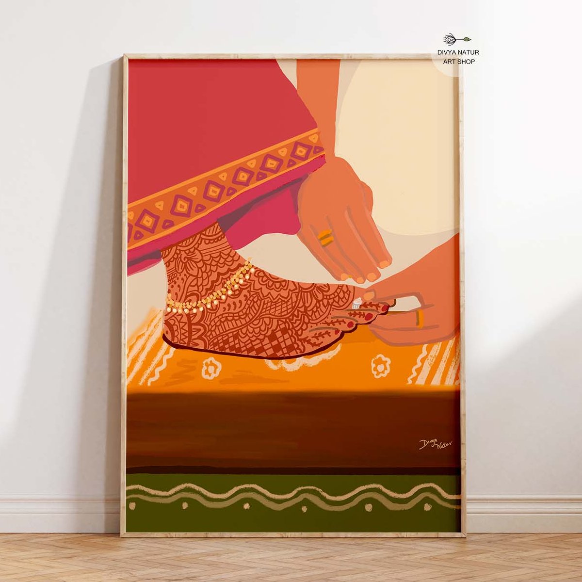 An art print depicting a traditional Indian mehendi ceremony with henna designs on the brides feet.