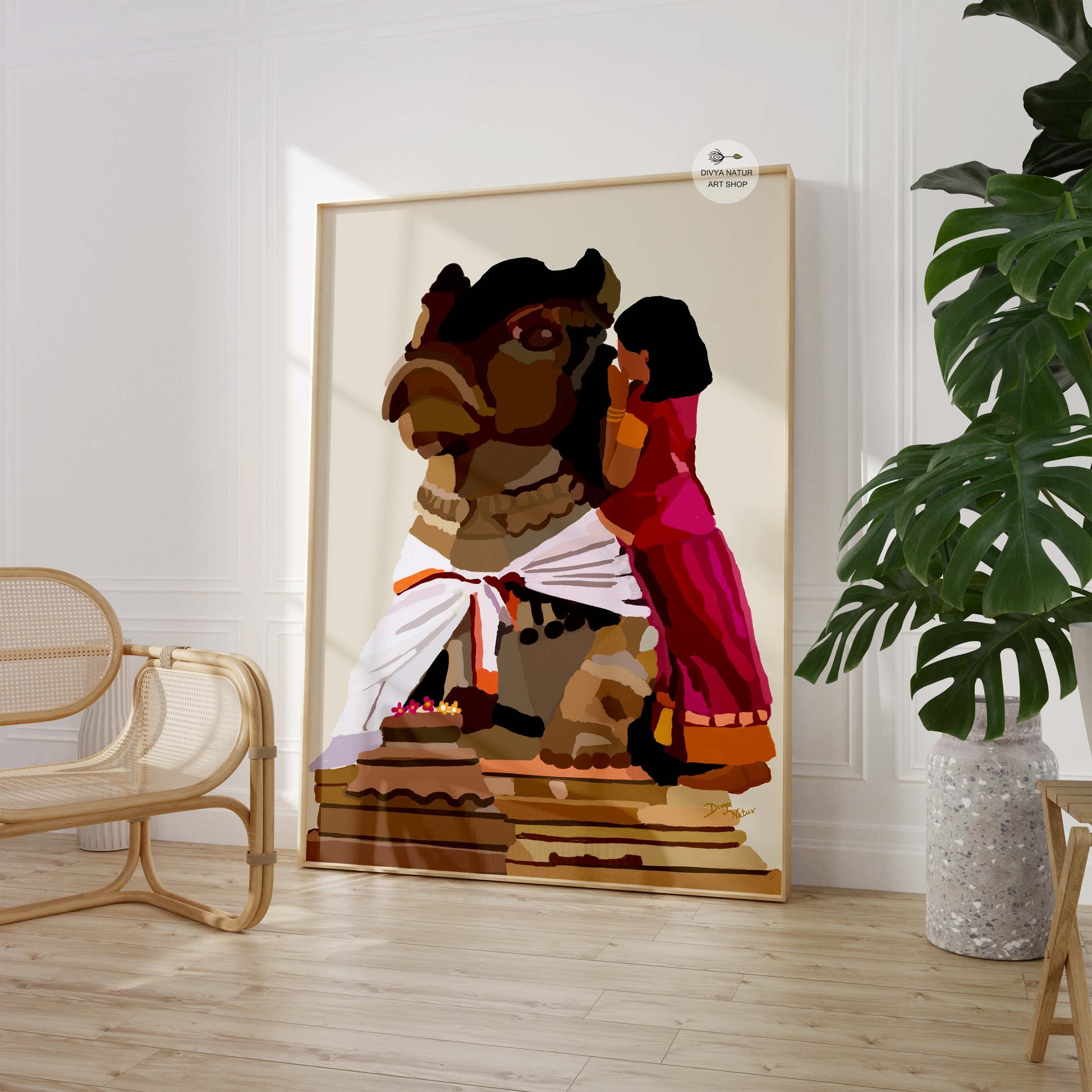 Traditional Indian artwork of a girl in saree sharing a prayer with Nandi statue