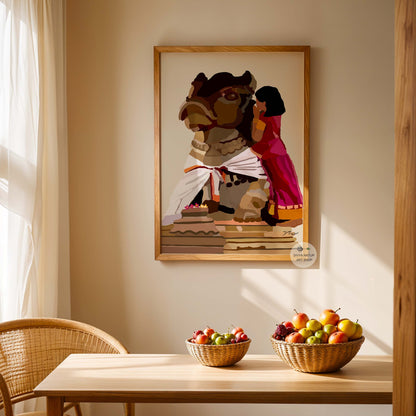 Vibrant Indian decor with girl praying to Nandi, sacred bull of Lord Shiva