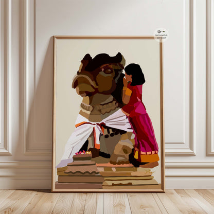 Handcrafted Indian painting print of girl whispering to Nandi in traditional attire