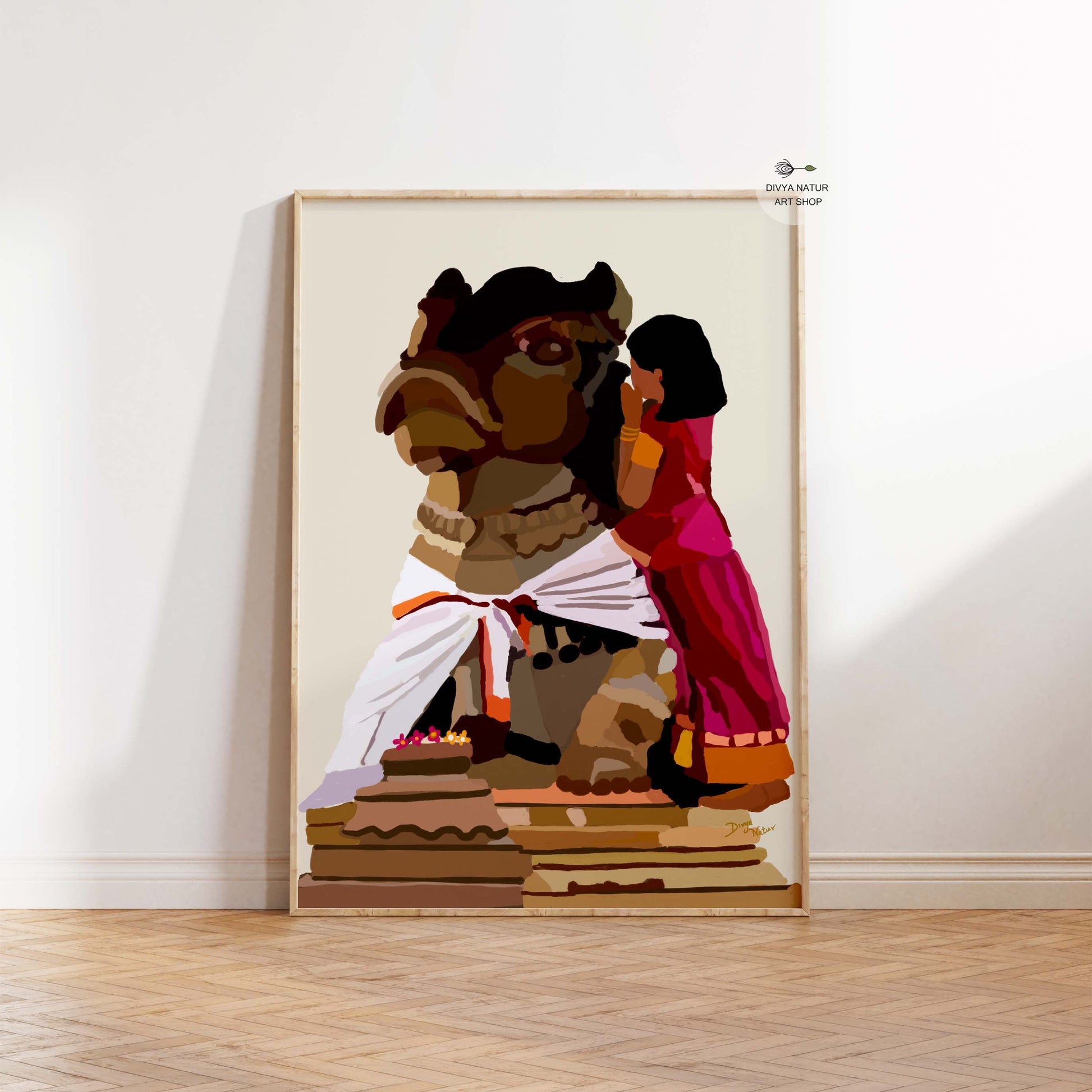 Sacred Hindu art print of girl with Nandi, a symbol of spiritual connection