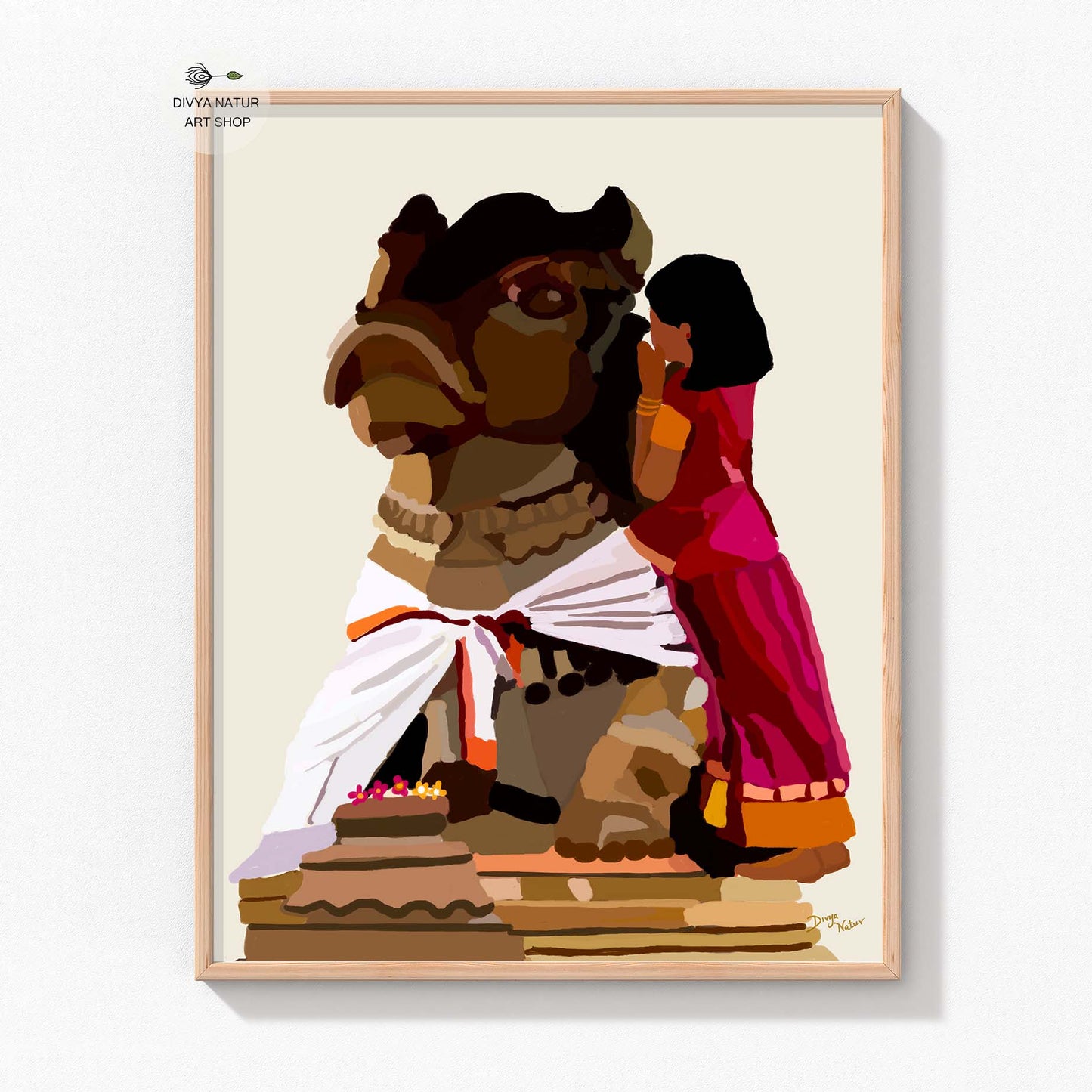 Young girl whispering into the ear of Nandi bull in Indian devotional painting