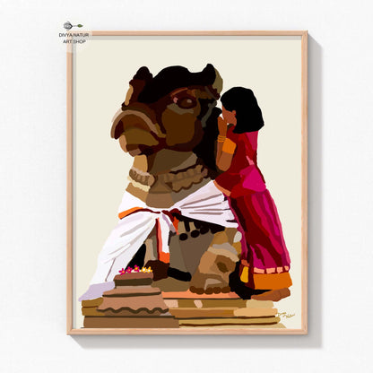 Young girl whispering into the ear of Nandi bull in Indian devotional painting