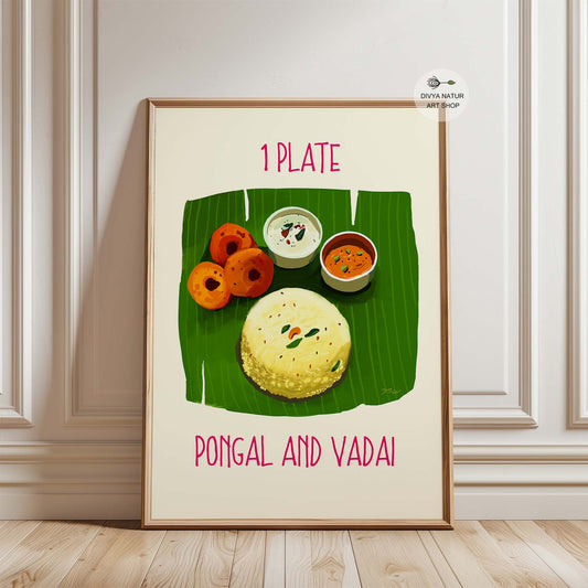 Pongal and Vadai food painting with traditional South Indian breakfast theme.