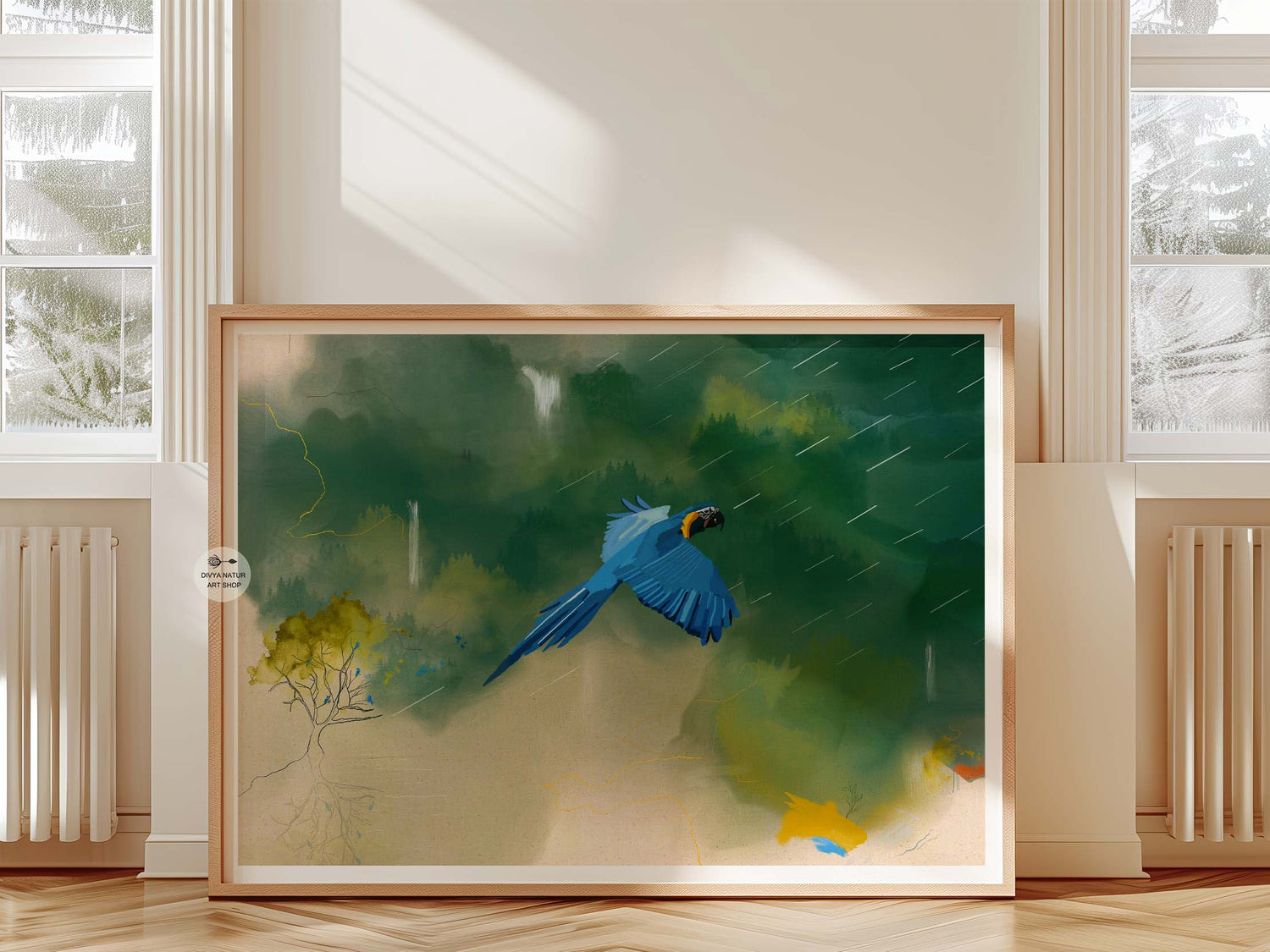 Framed parrot painting