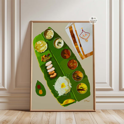 Painting of South Indian Sadhya, an authentic feast on banana leaf.