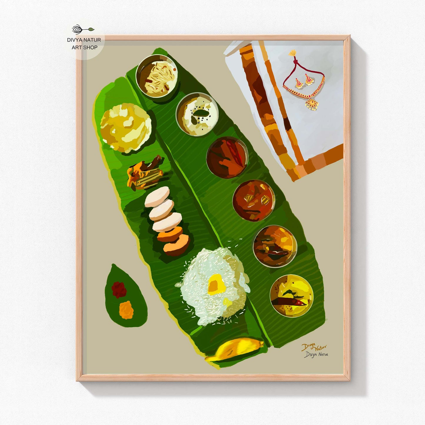 Traditional South Indian meal art on banana leaf.