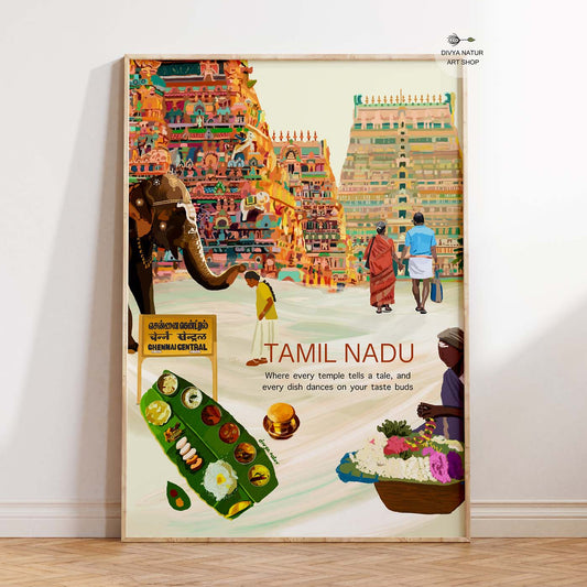 Digital art capturing Tamil Nadu’s vibrant cultural heritage with South Indian temples.