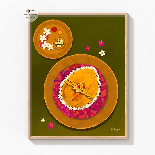 South Indian Tamil wedding gift artwork of a festive thali with flowers and condiments.