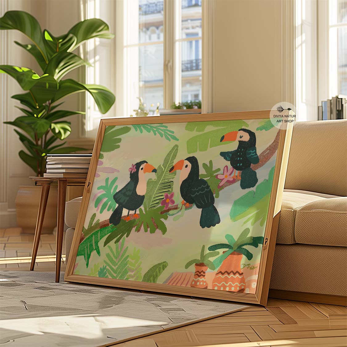 Playful jungle scene with three toucans, adding a whimsical touch to any room